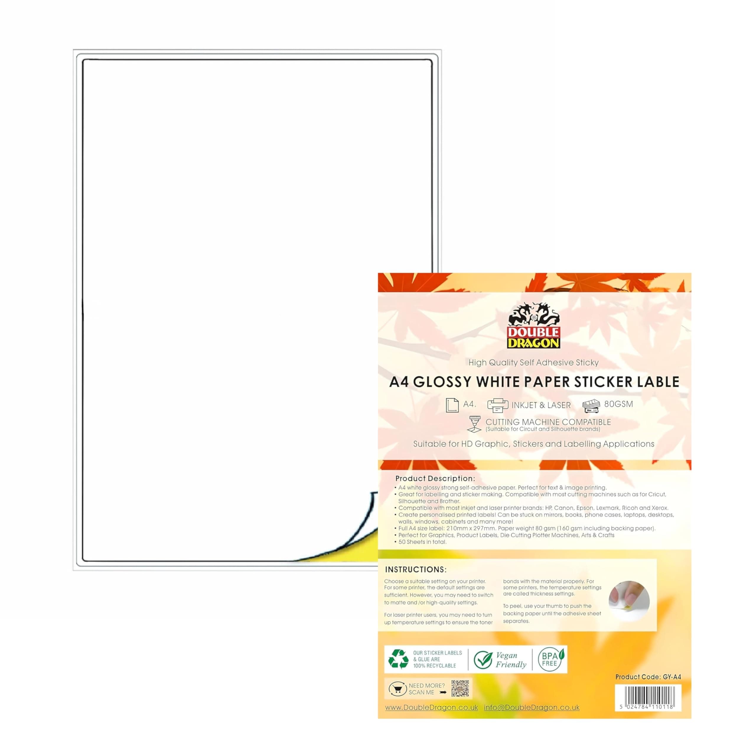 Double Dragon 50 Sheets A4 White Matte Sticker Paper, Self-Adhesive, Customisable Universal Labels for Inkjet & Laser Printing, Address Labels, Quick Dry, Sticky Back