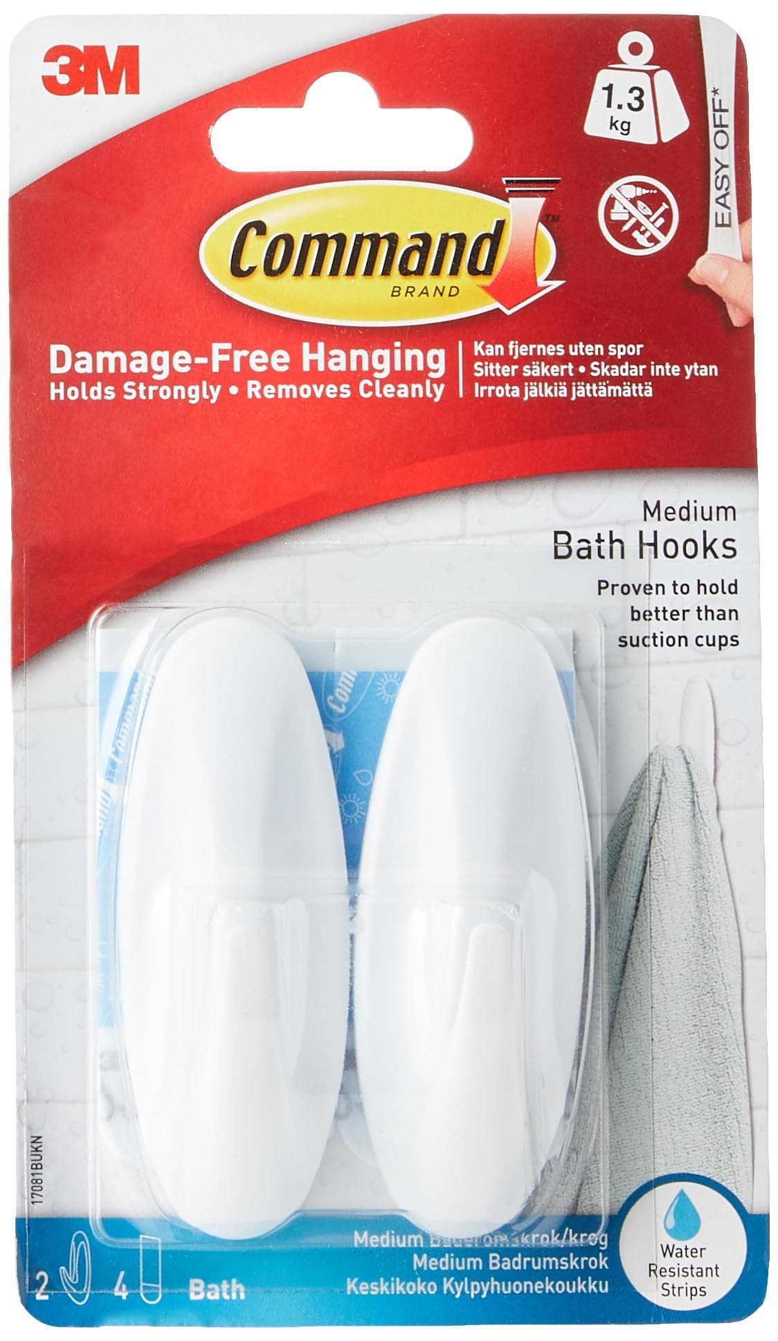 Command Bath Designer Medium Hook, 2 Hooks+4 strips/pack | Holds 1.3 kg each hook | Water-Resistant Strips | Organize | Decoration | No Tools | Holds Strongly | Damage-Free Hanging