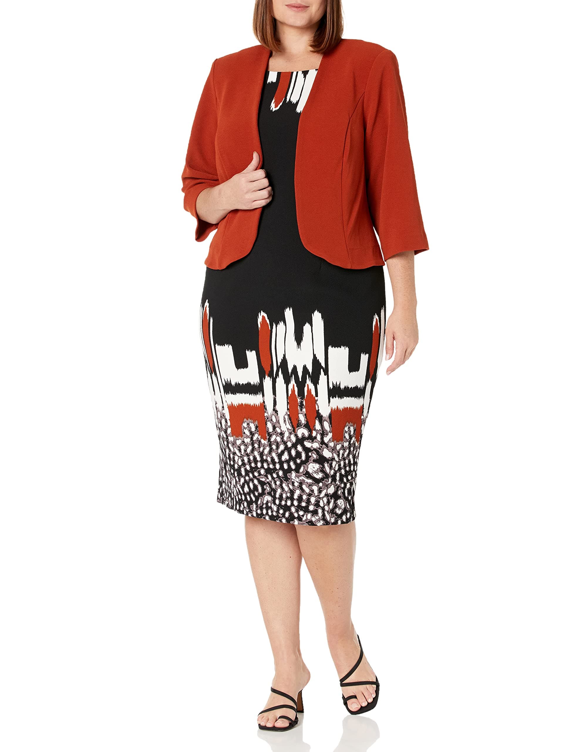 Maya Brooke Women's Plus Size Border Print Knee Length Sheath Dress and 3/4 Sleeve Jacket 2-piece Set