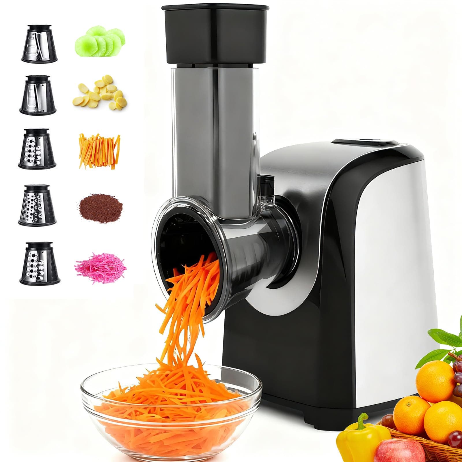Electric Cheese Grater 150W Salad Maker 5 Different Shapes of Blades for Slicing/Shredding/Grinding, Compact Kitchen Electric Slicer Shredder for Block Cheese, Vegetables, Fruit, Carrots