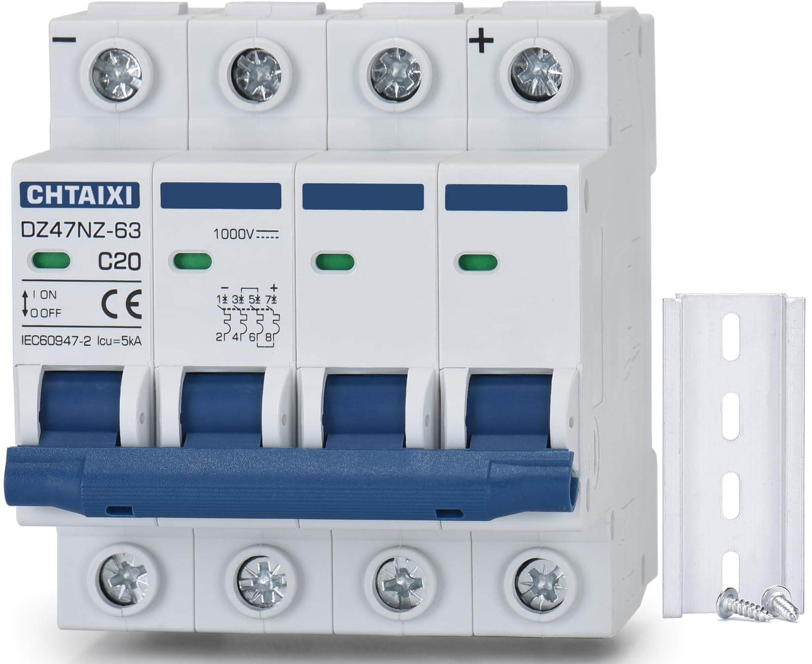 DC Miniature Circuit Breaker, 4 Pole 1000V 20 Amp Isolator for Solar PV System, Thermal Magnetic Trip, DIN Rail Mount DC Disconnect Switch C20