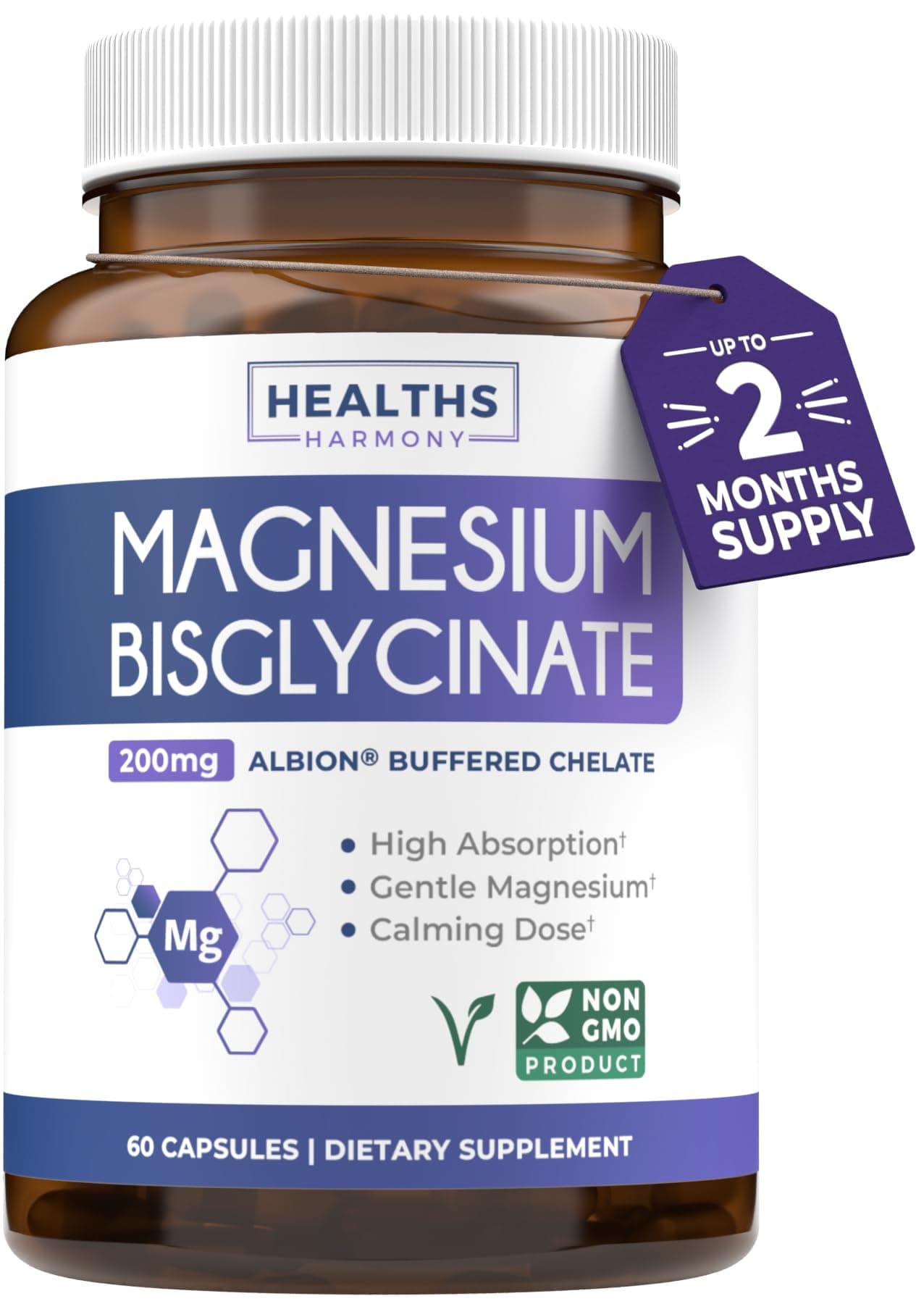 High Absorption Magnesium Bisglycinate Capsules - Clinically Validated Buffered and Chelated Magnesium Supplement - 1 Daily Vegan Capsule with Lab Verified Gentle 200mg Serving (2 Month Supply)