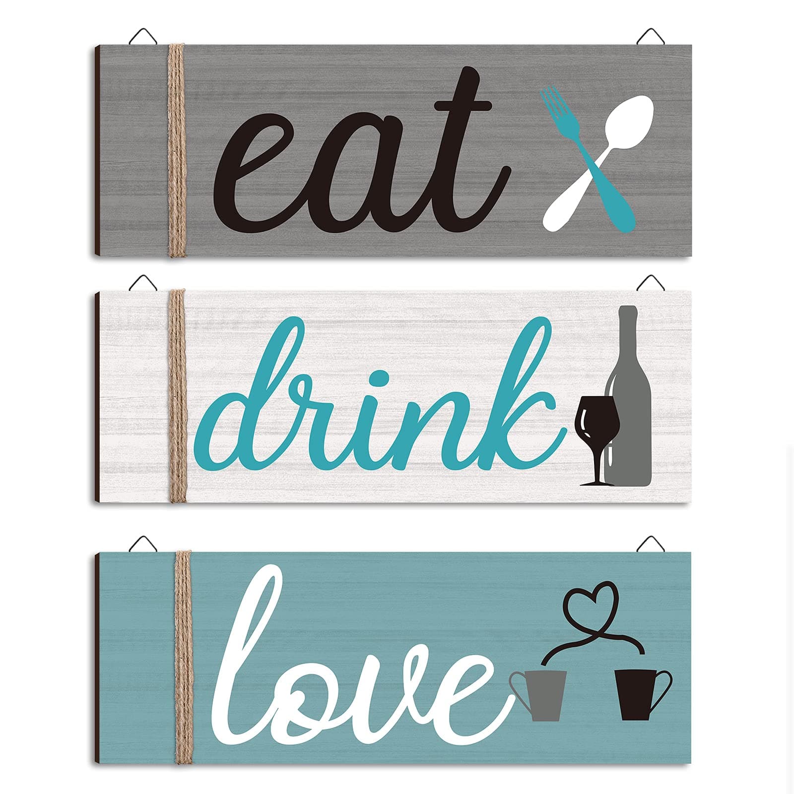 Jetec 3 Pcs Farmhouse Kitchen Wall Decor Rustic Wooden Home Eat Drink Love Sign with Hanging Hole for Home Dining Living Room Bar Cafe Decor(Fresh Color)