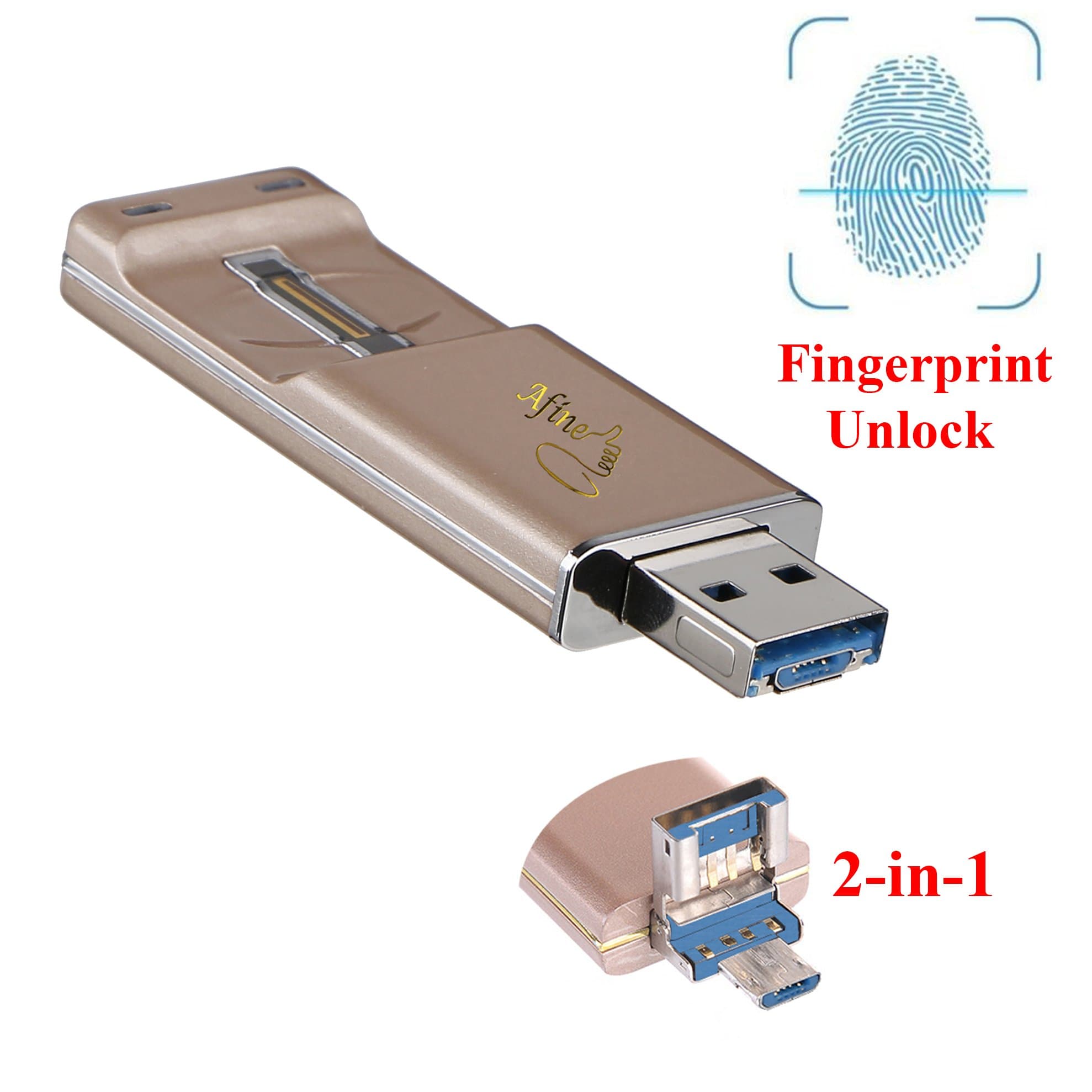 Afine Fingerprint Encrypted USB Flash Drives Security Thumb Drive 16GB Bulk USB Storage Memory Stick USB 2.0 Jump Drive USB A and Micro USB All-in-One Pen Drive (16G Gold)
