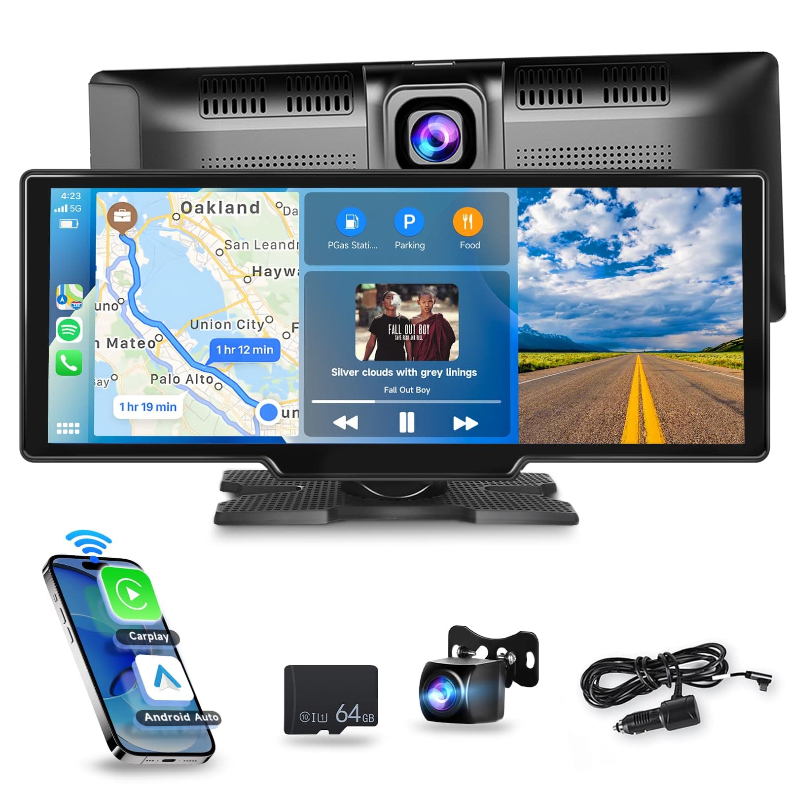 Portable Car Stereo Wireless Carplay/Android Auto with 2.5K Dash Cam, 1080P Backup Camera, 9.3 Inch HD Touch Screen Car Play Screen, GPS Navigation, Dual Bluetooth, FM/AUX, 64G TF Card