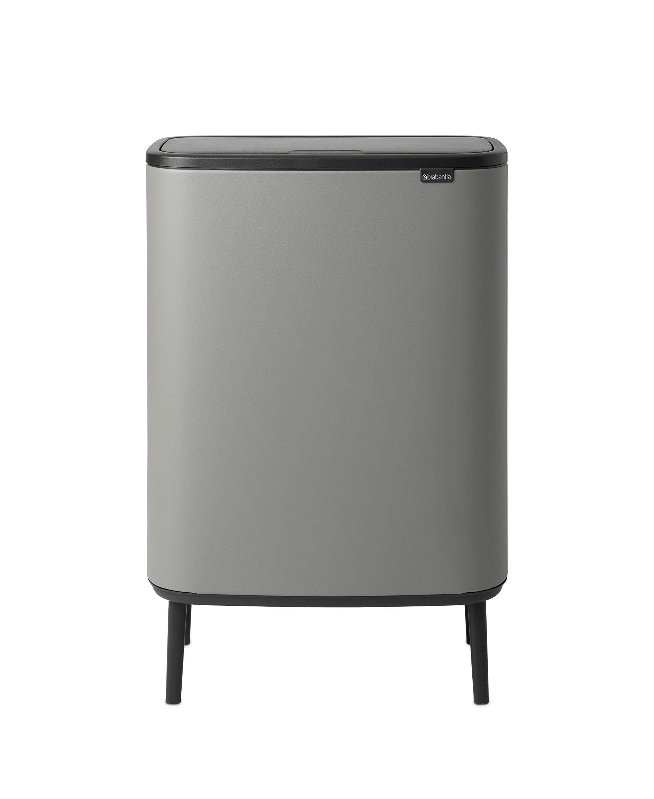 Brabantia Bo Hi Touch Top Kitchen Trash Can with Dual Compartments & Raised Legs | Mineral Concrete Gray | 2 x 8 Gal Inner Buckets | Soft-Close, Light Touch Opening, Stay-Open Lid | + Trash Bags