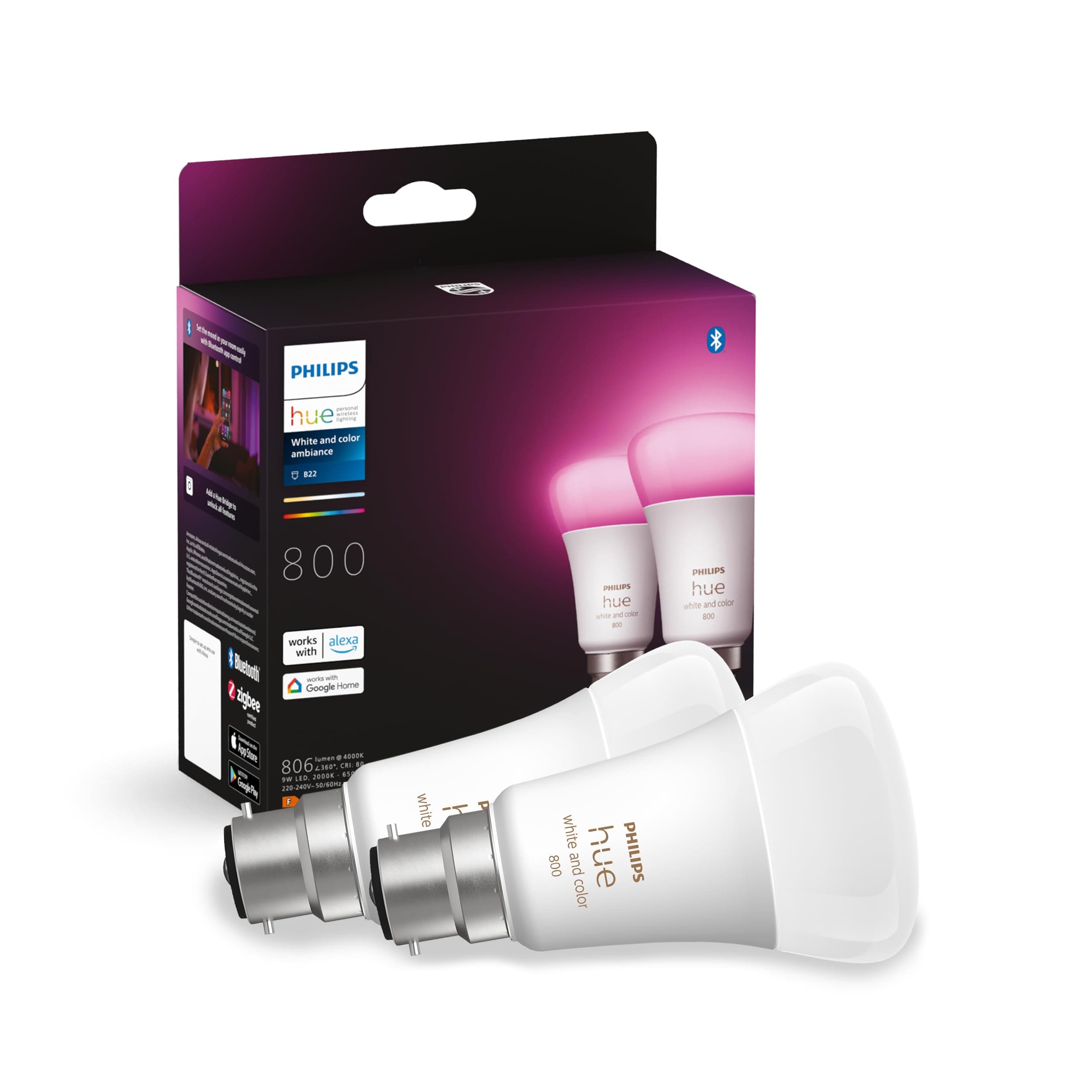 White and Colour Ambiance Smart Bulb Twin Pack LED [B22 Bayonet Cap] - 806 Lumens 60W Equivalent. for Home Indoor Lighting, Livingroom and Bedroom, 2 Count (Pack of 1)