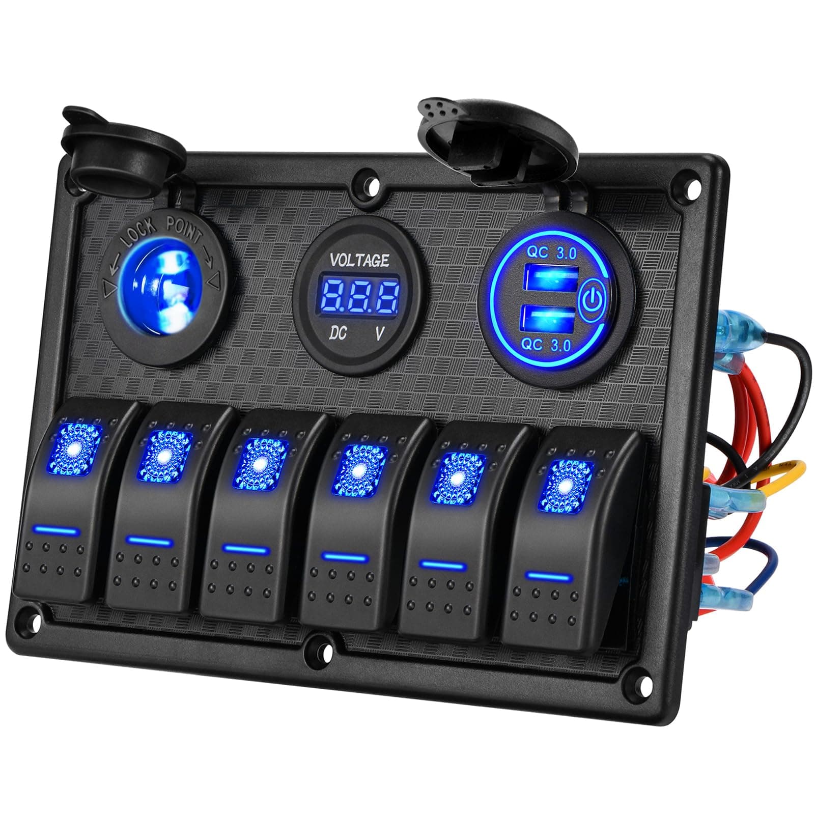 Kohree 6 Gang Marine Boat Rocker Switch Panel Waterproof + USB Switch, 12 Volt RV Led Switch Panel for Marine Boat Car Truck, Digital Voltmeter Display QC3.0 Dual USB Charger Port DC 12V Socket 12/24V