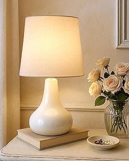 Modern Small Ceramic Table Lamp, Classic Bedside Desk lamp for Living Room Bedroom, Farmhouse Nightstand Lamps with Fabric Shade (White)