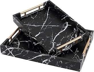 SwallowLivingSet of 2 Black Fake Marble Serving Tray with Gold Polished Metal Handles Black Decorative Wood Tray PU Leather with Brushed Gold for Coffee Table Ottoman Console Table Decor