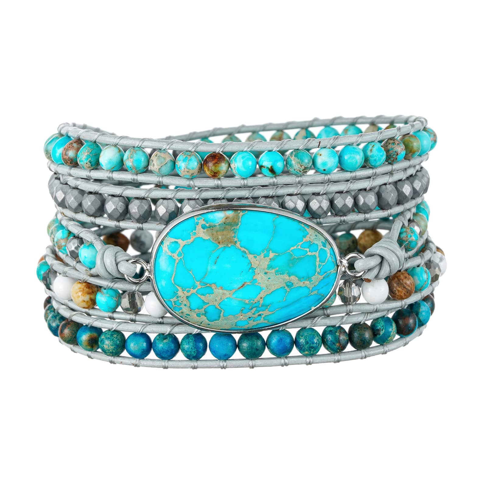 PlumissBoho Handmade Natural Stone Crystal Beaded Leather Vegan Mixed Multiple 5 Wrap Statement Bracelet for Women Men Collection