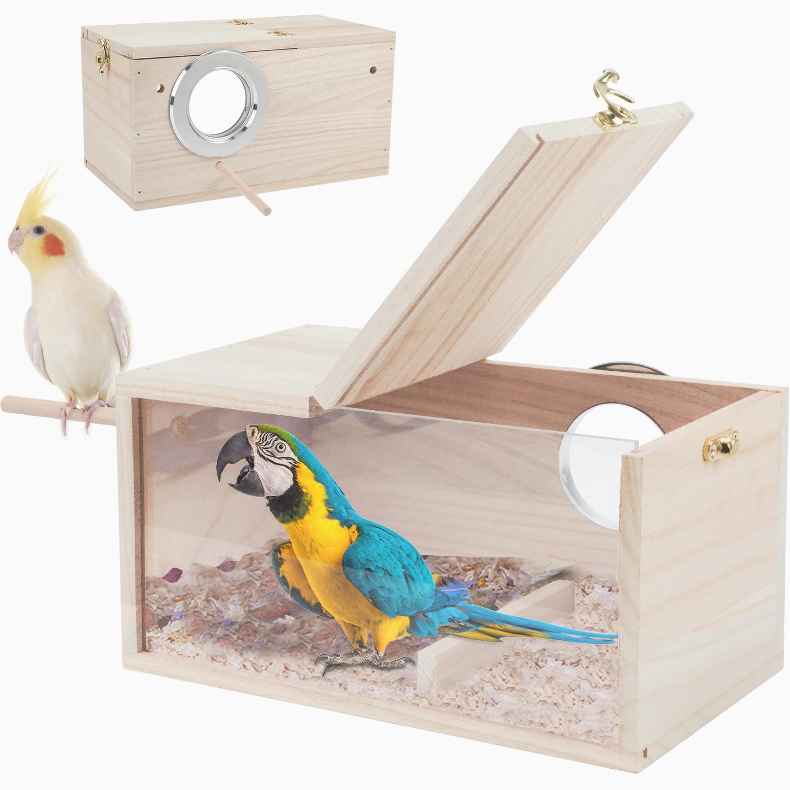 Rypet Parakeet Nesting Box Transparent Design, Thwartwise Bird Nest Breeding Box with Perch Wood Bird Cage House for Cockatiel Lovebirds Budgie Finch Parrotlets Canary XL