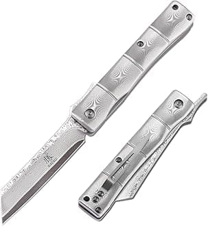 KATSU Handmade Full Damascus Steel Bamboo Style Japanese Razor Pocket Folding Knife with Pocket Clip