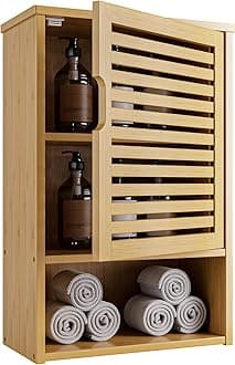 HITNET Bathroom Wall Cabinet, Medicine Cabinet Over The Toilet, Bamboo Hanging Storage Organizer with Single Door and Open Bottom Shelf, for Kitchen Living Room, Natural