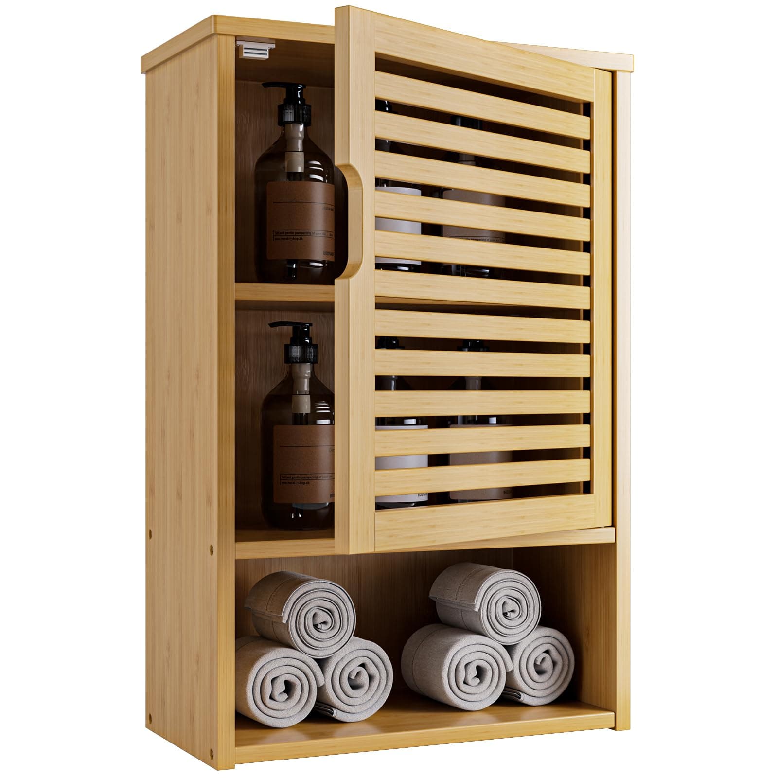 HITNET Wall Cabinet, Small Bathroom Cabinet Wall Mounted, Bamboo Hanging Medicine Storage Cupboard Over the Toilet with Adjustable Shelf for Living Room Kitchen Hallway, Natural