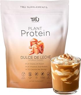 TRU Supplements Plant Based Protein Powder, BCAA, EAA, 20g Vegan Brown Rice & Pea Protein, 100 Calories, 27 Vitamins, No Artificial Flavors 25 Servings 25 Servings (Dulce De Leche)