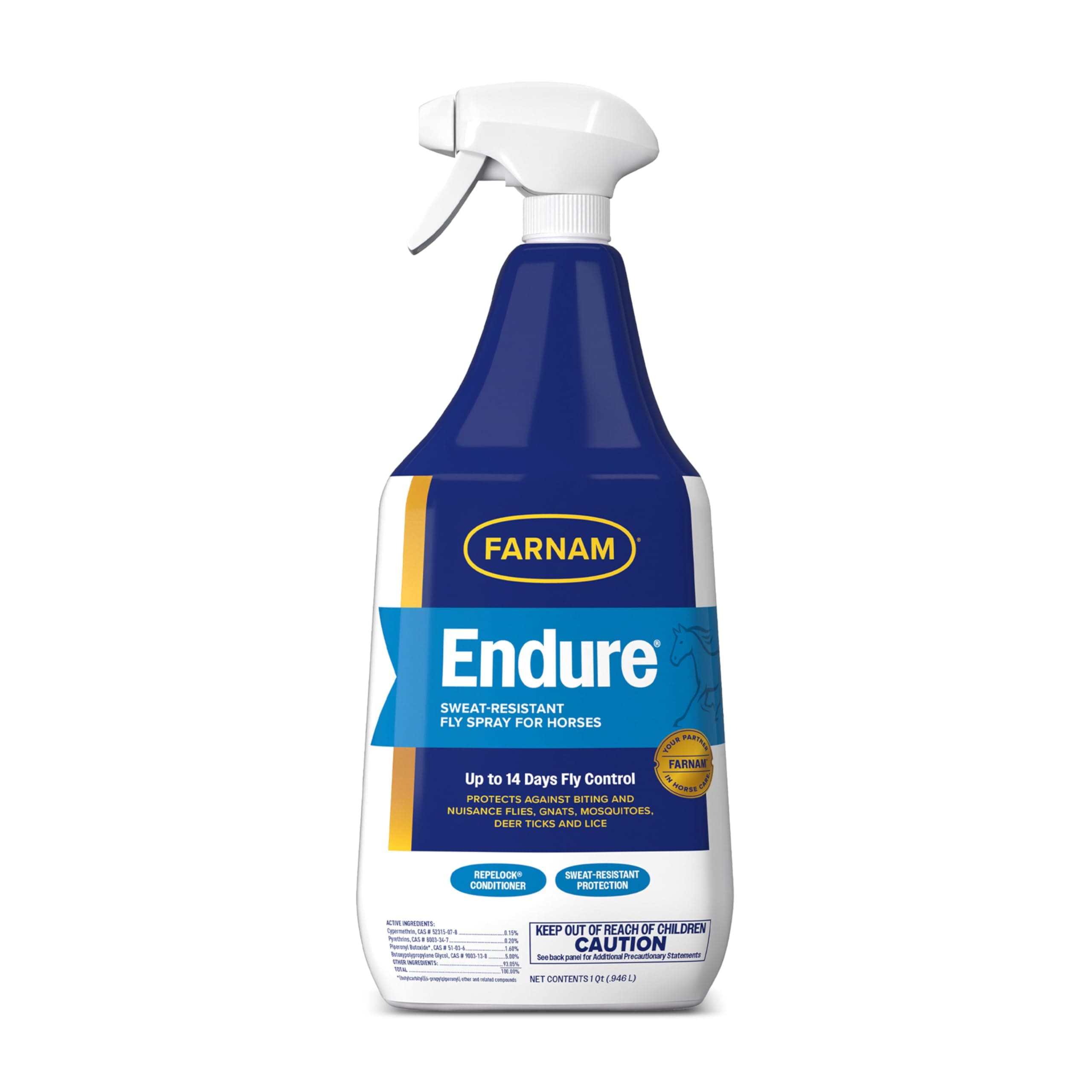 Endure Fly Spray for Horses - Long-Lasting Sweat-Resistant Fly Repellent, Repels Flies, Mosquitoes, Gnats and Ticks, Up to 14 Days Fly Control - 32 oz Spray