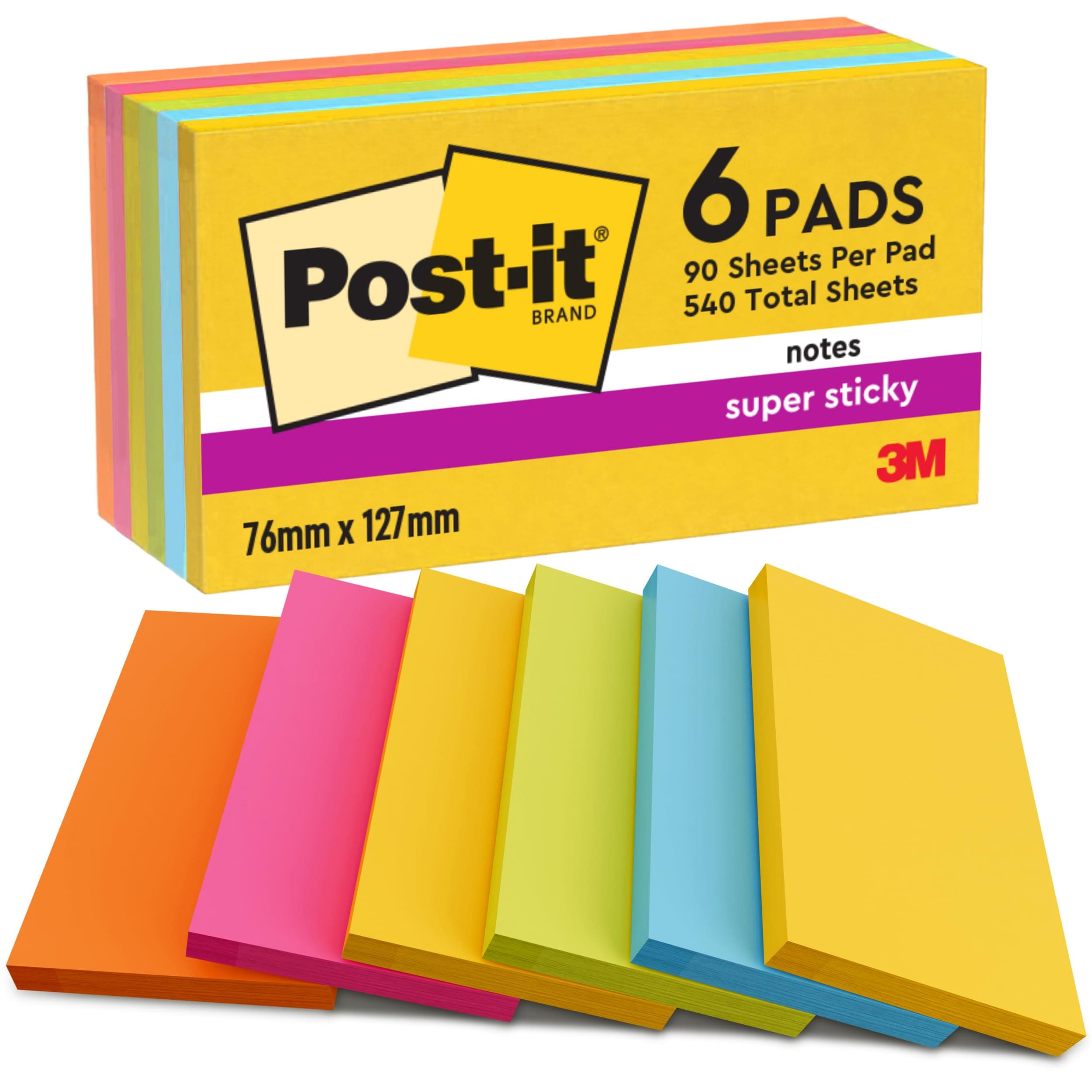 Post-it Super Sticky Notes, 540 Sheets, Pack of 6 Pads, 76 mm x 127 mm - Holds Strong to Many Surfaces - Bright Colours - for Walls, Monitors and Fridge, Recycable