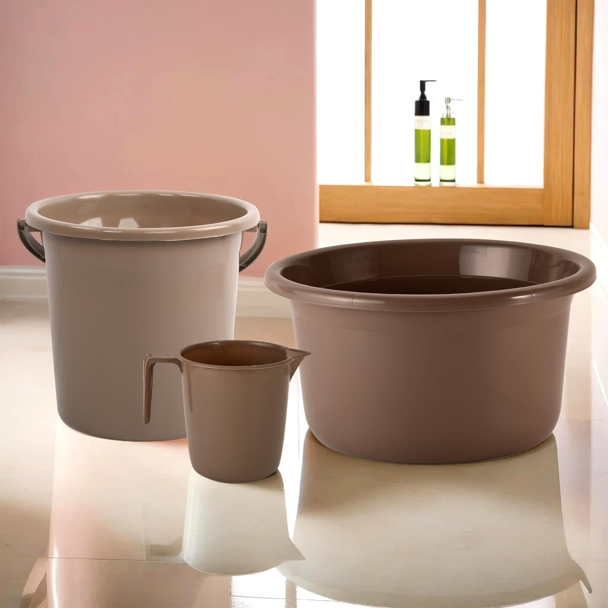 Kuber Industries Plastic Set of 3 Bathroom Combo Set | Bathing Set | Bathware Set | Tub-Bucket & Mug Combo Set for Bathroom | Modern Bathroom Accessories Set | Brown