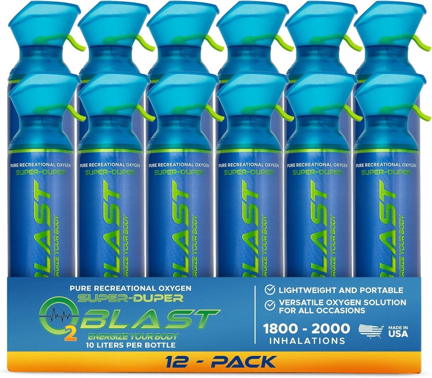 O2 Blast - Pure Oxygen Supplement, Portable Can Filled with 99.99% Pure Oxygen with Custom Breathing Mask, Energy, Performance, Fast Recovery Time, Ideal for High Altitude & Sports - 10L, 12-Pack