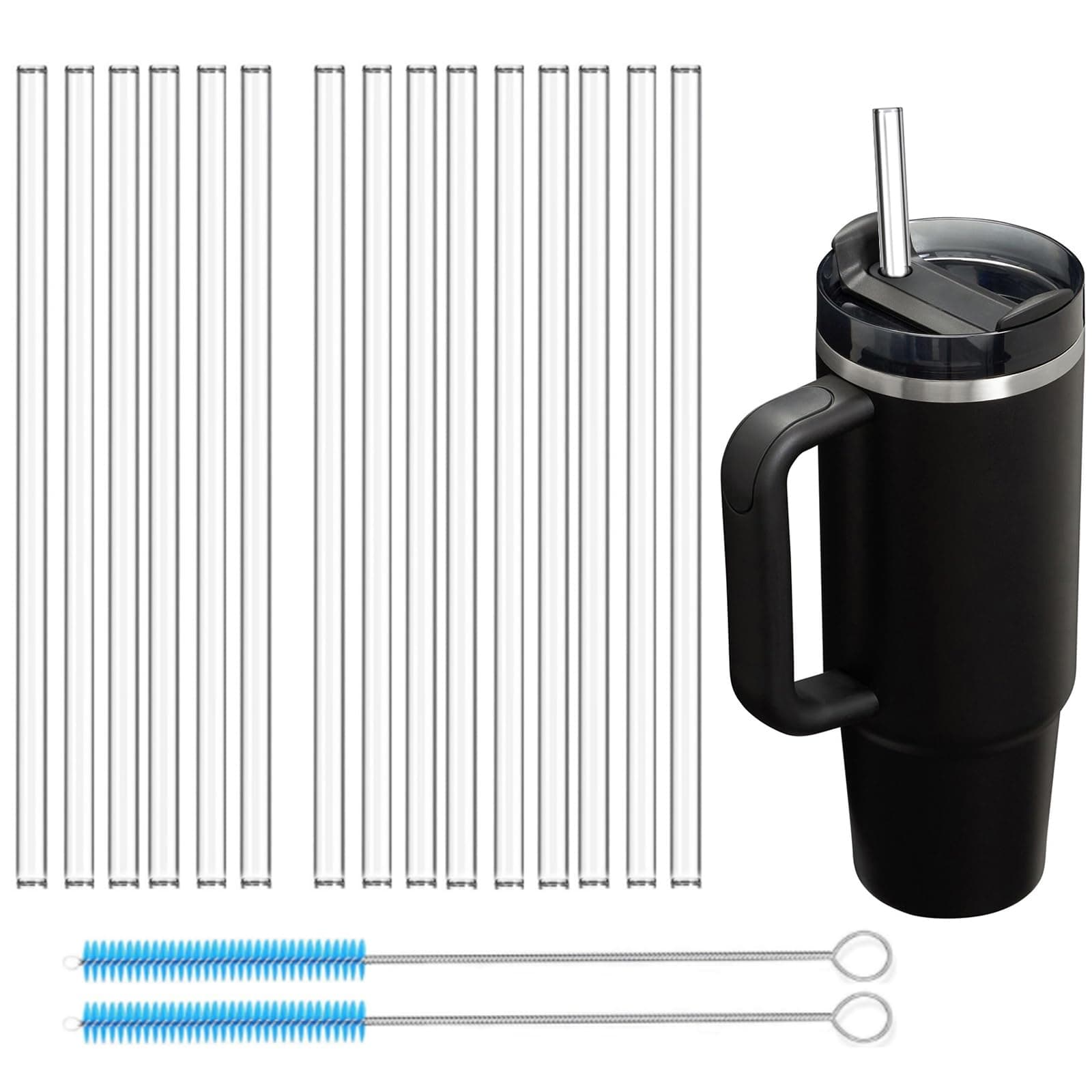 15-Pack Borosilicate Reusable Glass Straws for Stanley 40 oz Tumbler Replacement, Extra Long 12 Inch 8mm, Shatter Resistant, BPA Free, Thick Clear Drinking Straws for Hot & Cold Drinks
