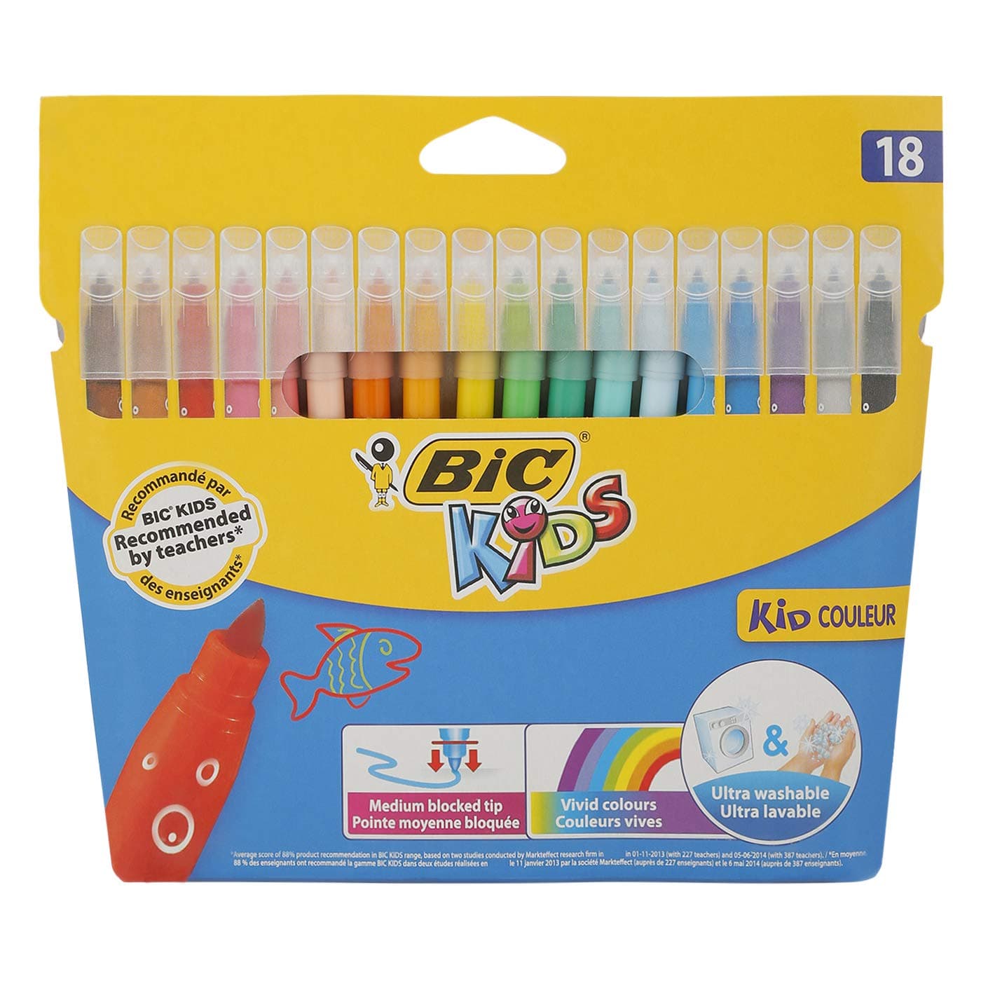 BIC Kids Kid Couleur Felt Tip Colouring Pens - Assorted Colours, Water-Based, Cardboard Wallet of 18