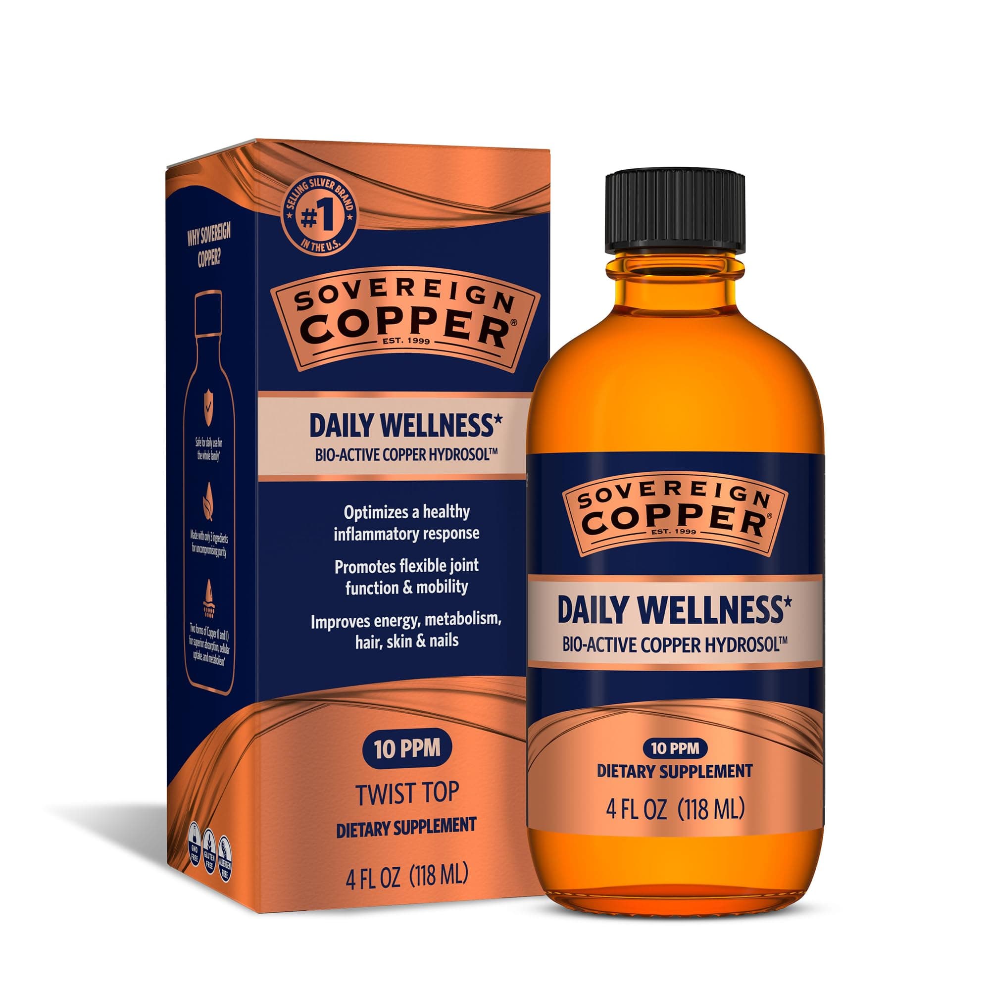 Bio-Active Copper Hydrosol, Daily+ 4-in-1 Wellness Supplement for Joint, Bone, Hair, Skin and Nails, Cardiovascular Health, Energy and Metabolic Health Support, 4 fl oz (118 mL)