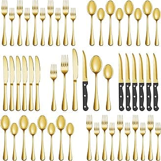 48 Pcs Gold Silverware Set with Steak Knives, Stainless Steel Flatware Cutlery Set Service for 8, Kitchen Tableware Sets, Utensil Sets for Home and Restaurant, Knives Forks Spoon, Dishwasher Safe
