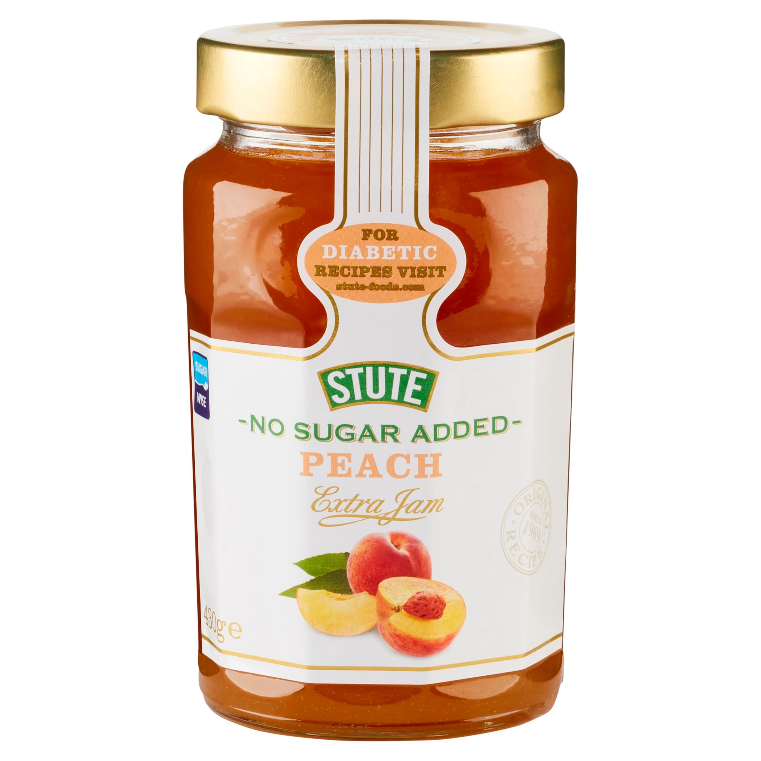Stute No Sugar Added Diabetic Peach Extra Jam, 15.17 oz ℮ 430 g مربى الخوخ الإضافي الخالي من السكر لمرضى السكر