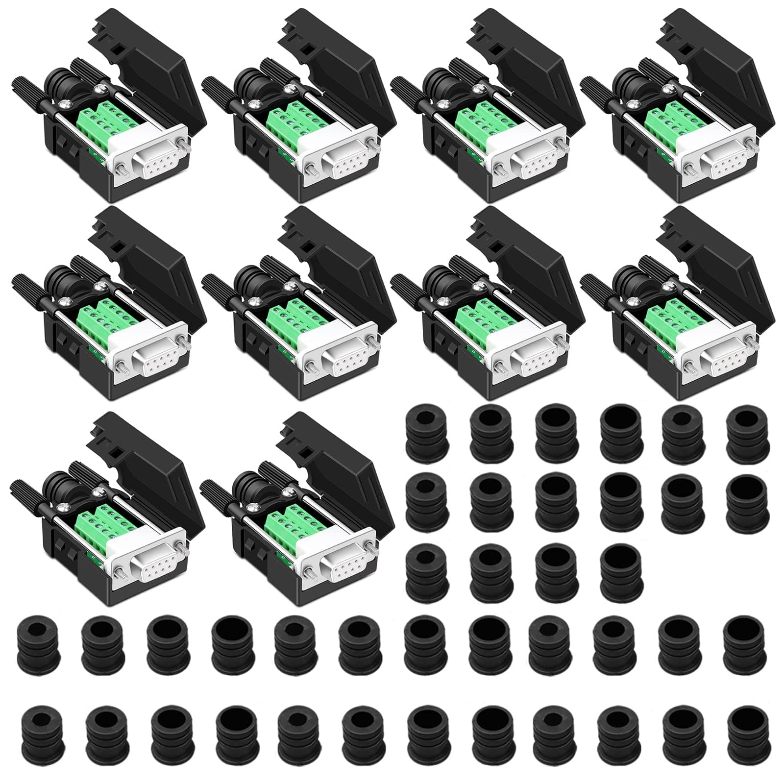 10PCS DB9 Female Breakout Connector,DB9 Solderless RS232 D-SUB Serial to 9-pin Port Terminal Adapter Connector Breakout Board with Case Long Bolts Tail Pipe