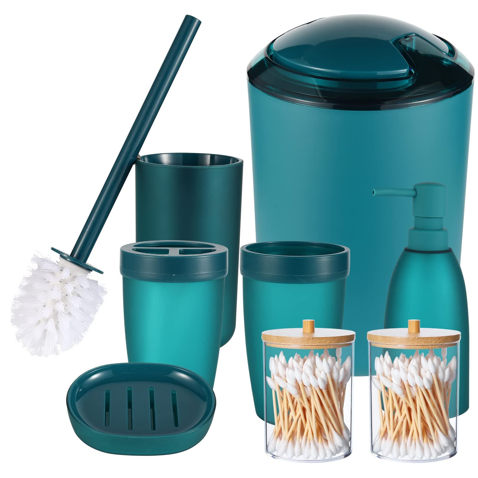 iMucci 8Pcs Blue Bathroom Accessories Set - with Trash Can Toothbrush Holder Soap Dispenser Soap and Lotion Set Tumbler Cup