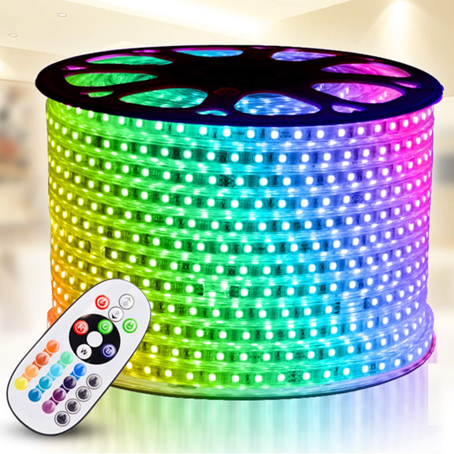 RGB LED Strip Light, AC 110-120V Flexible/Waterproof/Multi Colors/Multi-Modes Function/Dimmable SMD5050 LED Rope Light with Remote for Home/Office/Building Decoration (32.8ft/10m)