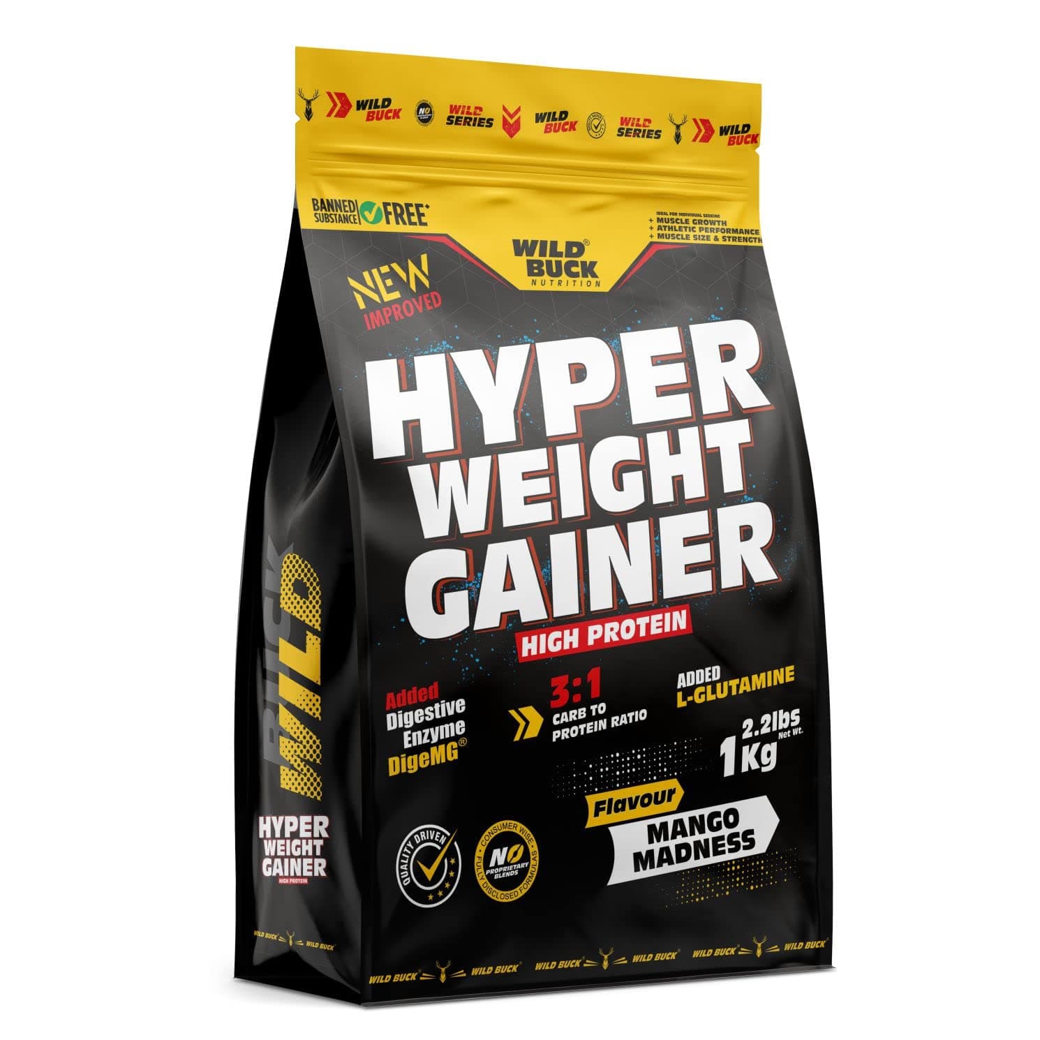 Hyper Weight Gainer Powder High Protein Muscle Mass & Weight Gainer With L-Glutamine & Digestive Enzymes For Muscle Gain| For Men & Women [Mango Madness,1 Kg / 2.2 Lb],1 count,1000 grams