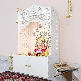 HAZDEAL Divine Wooden Floor Temple with Spacious Shelf Inbuilt Focus Light White Big Size (Size-18D*22.5W*38H inch)