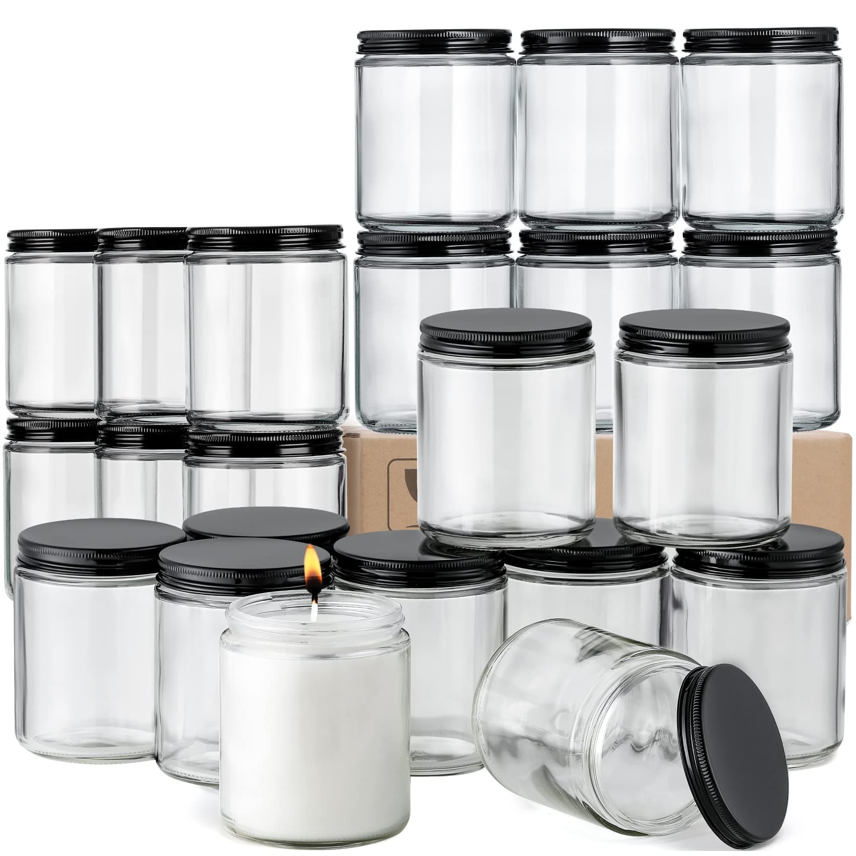 24 Pack, 8 OZ Thick Glass Jars with Metal Lids, Clear Round Candle Making Jars,Empty Food Storage Containers, Mason Canning Jar For Spice, Powder, Liquid, Sample, Lotion, Cosmetic,Dishwasher Safe