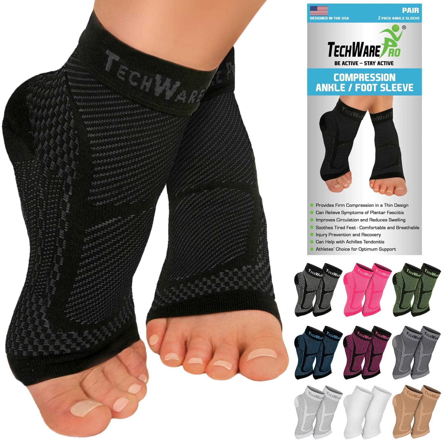 Ankle Brace Compression Sleeve - Plantar Fasciitis Sock. Relieves Achilles Tendonitis. Foot Arch Support Reduces Joint Pain, Swelling & Heel Spur Pain. Injury Recovery Braces for Sports