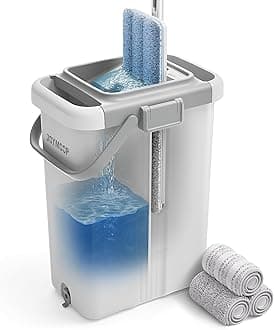 JOYMOOP Mop and Bucket Set for Floor Cleaning and Wall Cleaner, Flat Mop and Bucket System Set (White, White X-Large Bucket #5 + 60" Flat Mop + 3 Pads)