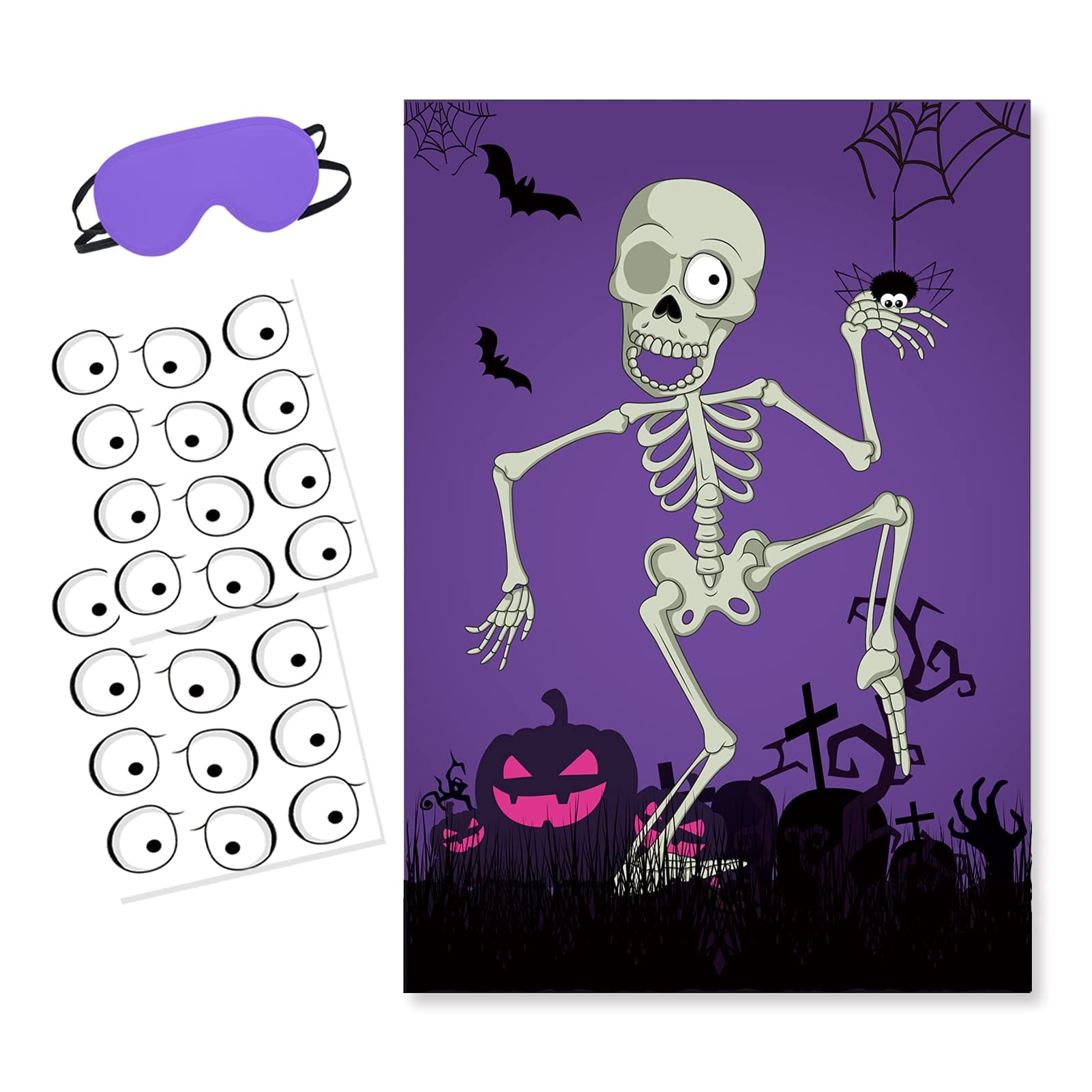 BORAMDO Pin The Eyeball on Mr.Bone Halloween Party Game Skeleton Poster with 24 Pieces Eyeball Stickers and A Blindfold for Halloween Party Supplies Classroom Games