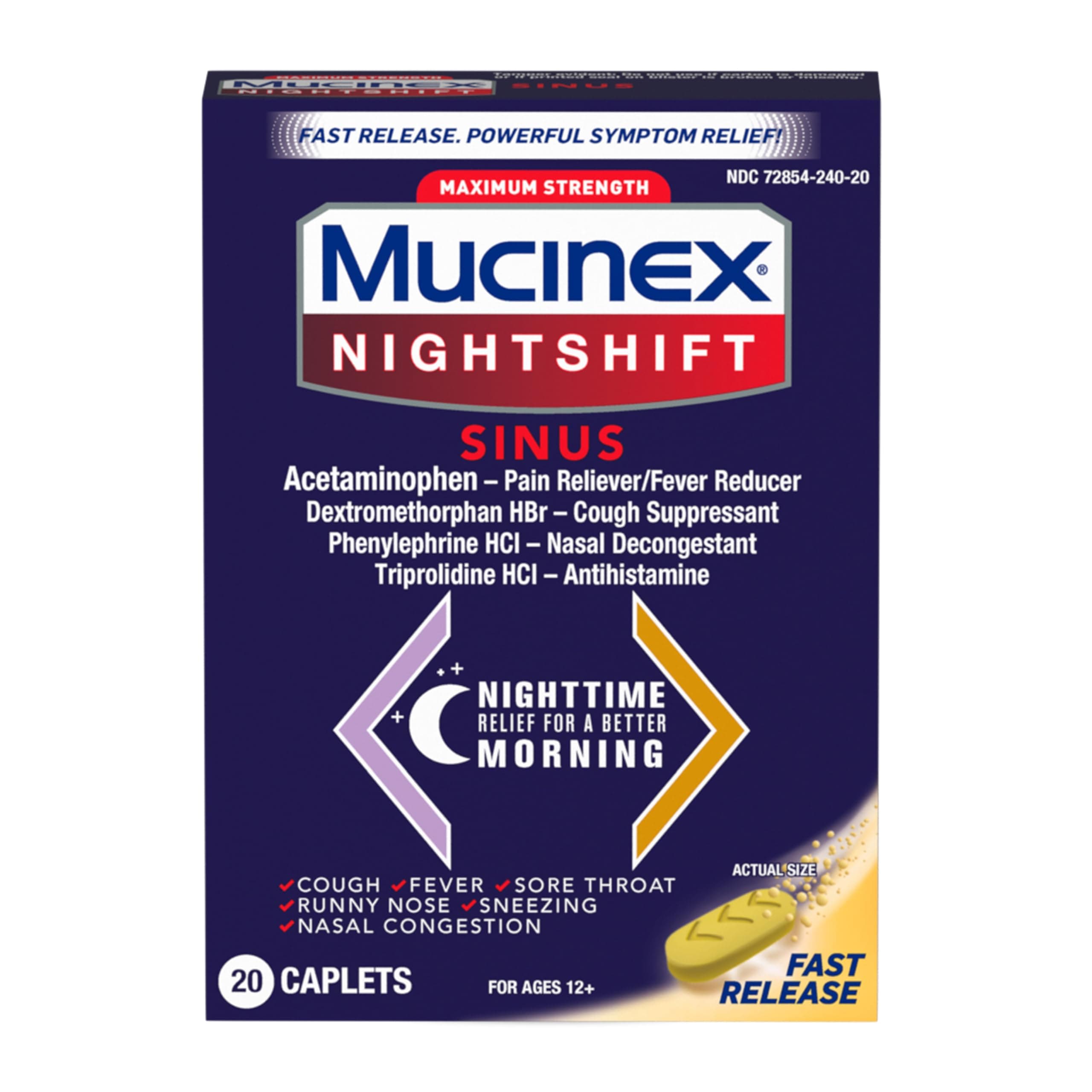 Mucinex Nightshift Sinus, Maximum Strength Powerful MultiSymptom Night Relief, 20 Fast Release Caplets Pain Reliever/Fever Reducer, Cough Suppressant, Nasal Decongestant & Antihistamine