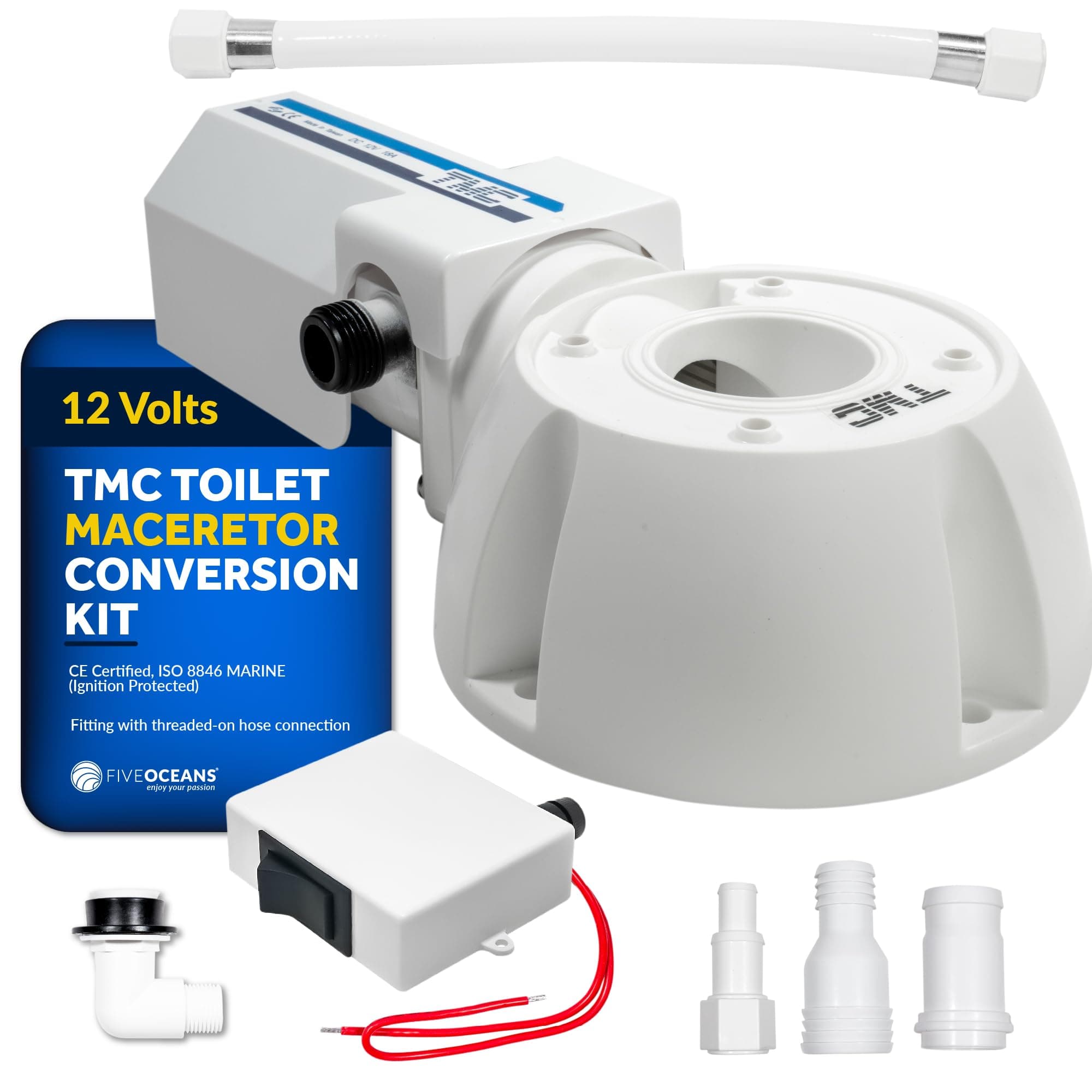 TMC Electric Toilet Macerator Conversion Kit with Threaded-On Hose Connection Includes Macerator Pump, Toilet Base, On-Off Control Switch, Hose for Boats, RV, Camper, Trailer, 12V - FO728