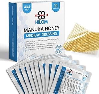 Hilom Medical Grade Manuka Honey Gauze Dressing 4 inch x 4 inch (10 Pack - Non-Adherent) |First Aid for Minor Wounds Such as Cuts or Advanced Wound Care of Bed Sores, Burns, or Lacerations