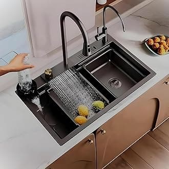 ARQUIN Kitchen Sink 30"x18"x9"Inch Waterfall Sink Single Bowl 304 Grade Stainless Steel with ANTI SCRATCH HONEYCOMB DESIGN Integrated Pull-down Faucet with Cup washer & Drain Baskets
