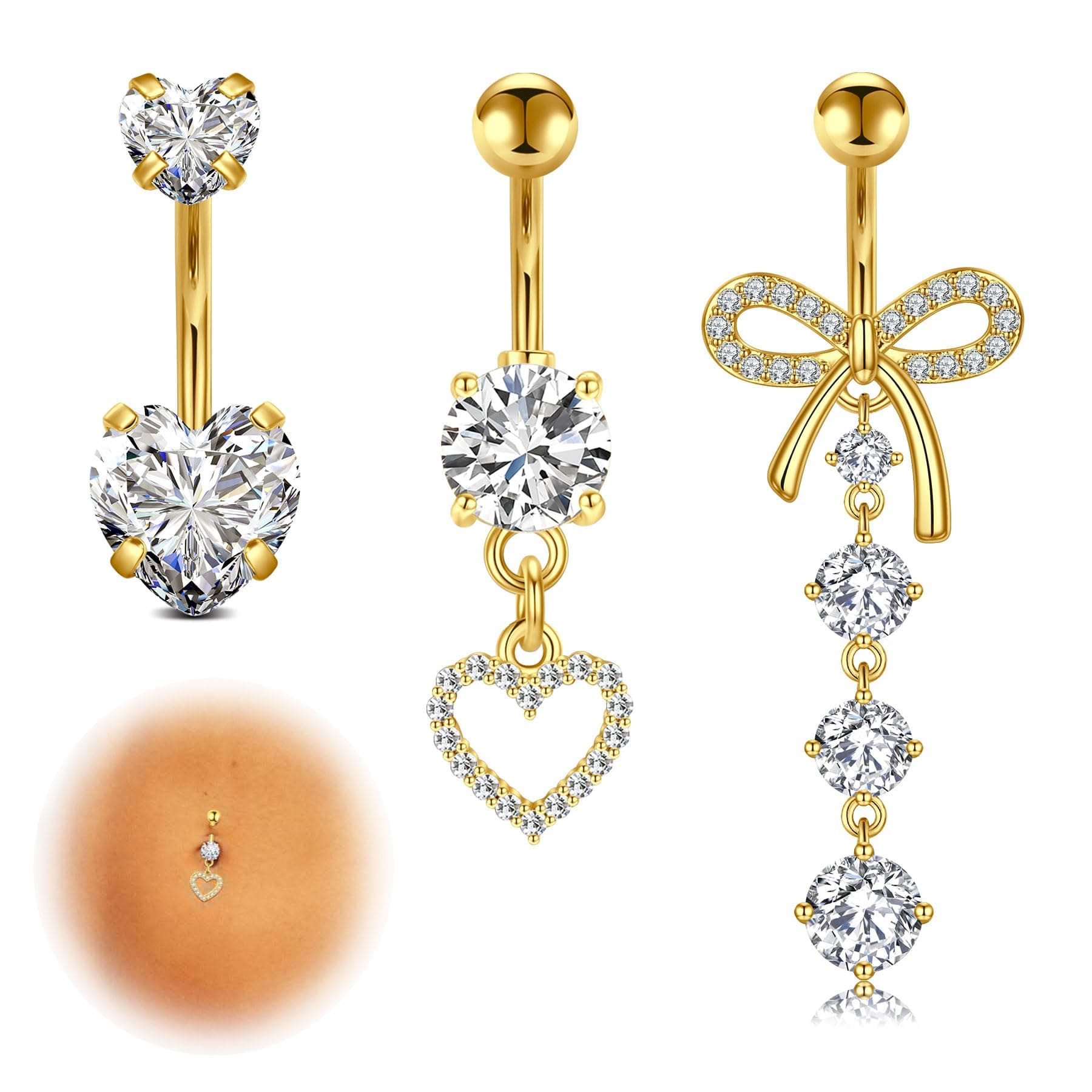 14G Dangle Belly Button Rings - Surgical Steel Silver and Rose Gold CZ Piercing Jewelry for Women