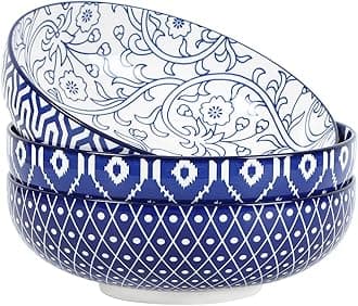 Selamica 9.5" Serving Bowls, 60 OZ Large Salad Bowls Set of 3 for Entertaining Party, Ceramic Bowls for Kitchen, Pasta, Soup, Dinner, Vintage Blue