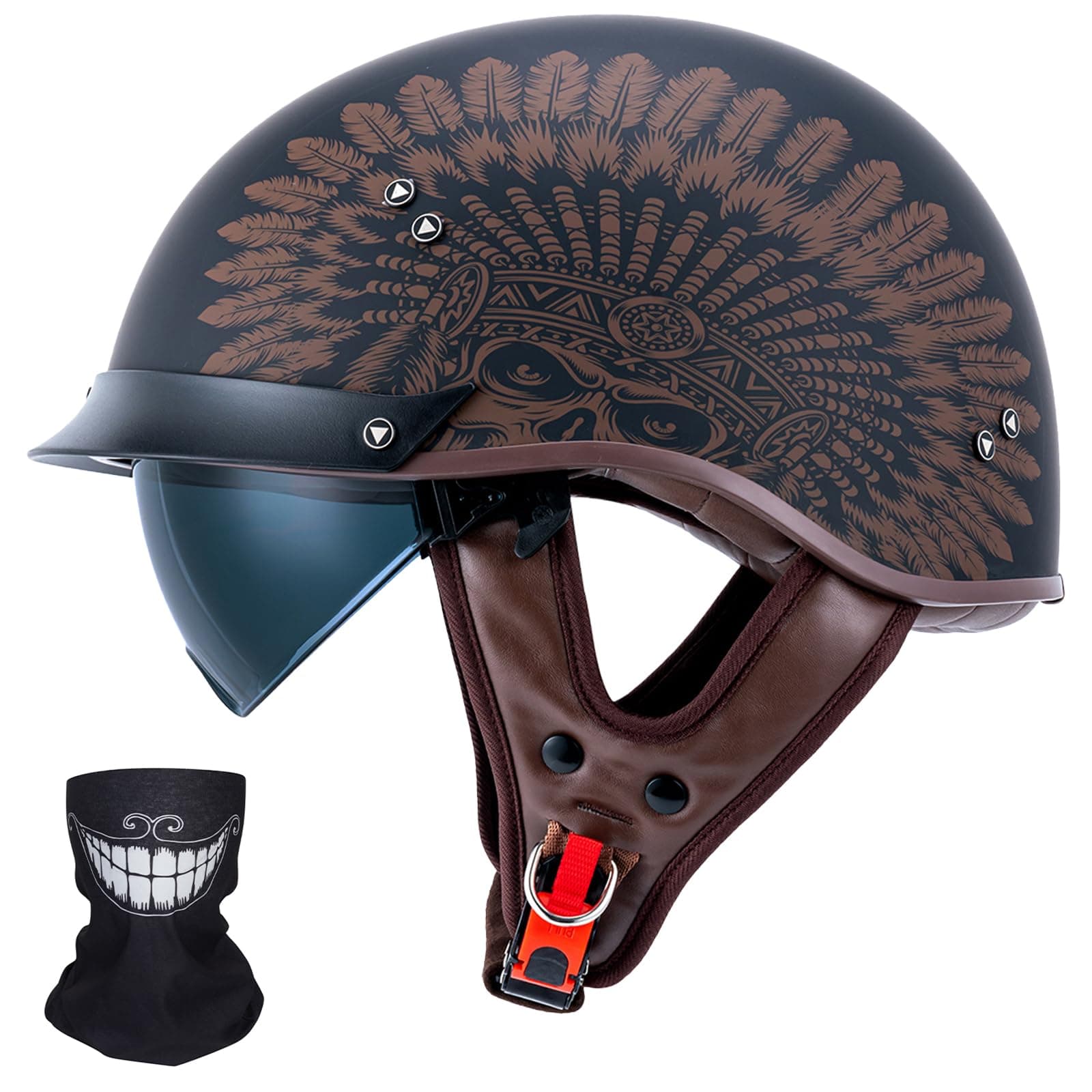 VCOROS Half Helmet Motorcycle DOT Approved Open Face Helmet with Sun Visor and Quick Release Buckle for Adults Men and Women(F07A-Indian,L)