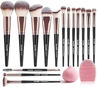 Professional Makeup Brushes 15 Pcs Synthetic Makeup Brushes Set with 1 Makeup Sponge & 1 Brush Cleaner (Black Gold)