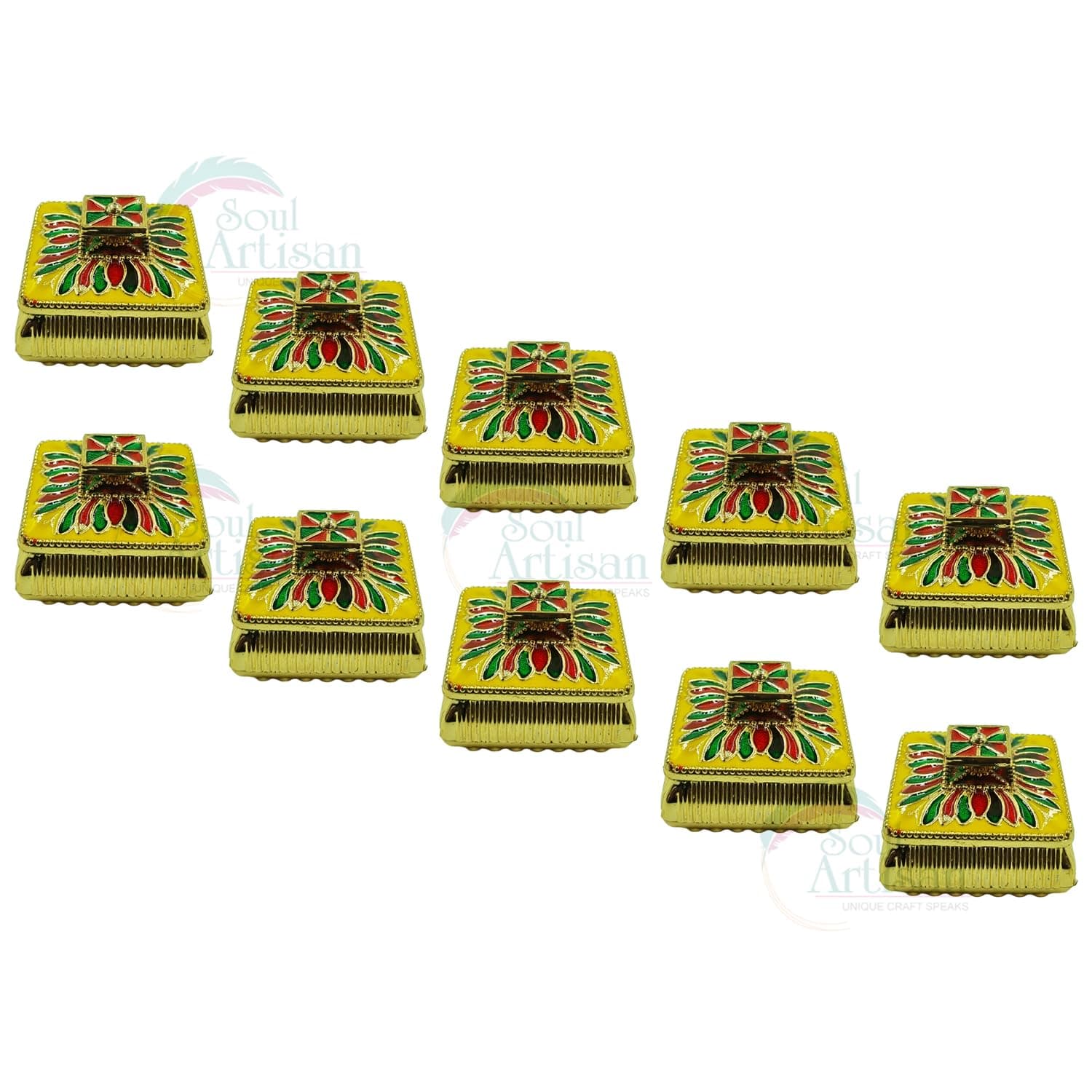 Square Design Single Kumkuma Holder Chimil Box - Plastic Golden Metallic Color(Pack of 10) - Decorative Art Design Tilak Daani, Sindoor for Women Return Gift, Diwali, Weddings, Pooja