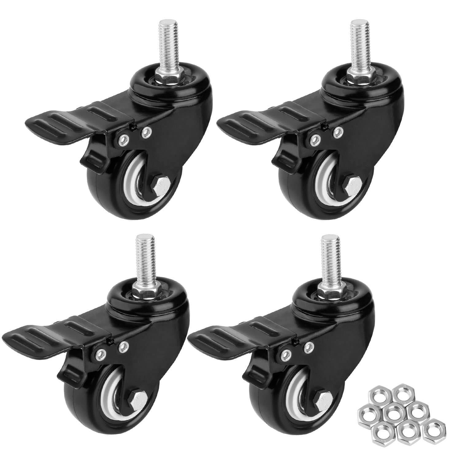 1.5" Threaded Stem Casters with Brake, Heavy Duty Swivel Caster Wheels with M8x25 Threaded Stem and Nuts for Shopping Carts, Trolley, Workbench, Furniture (Pack of 4) (M8x25)