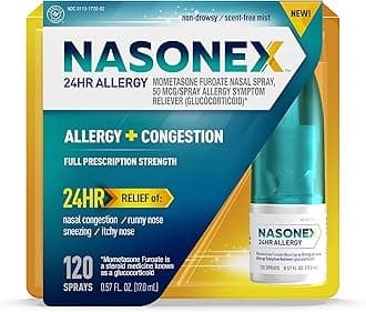 - Nasonex 24HR Allergy Nasal Spray, Non-Drowsy, Scent-Free Mist, Allergy Symptoms + Nasal Congestion, Full Prescription Strength, 120 Sprays