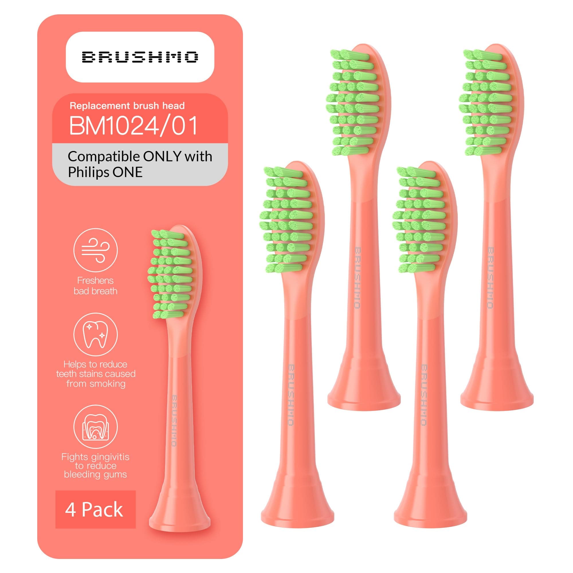 Replacement Toothbrush Heads, Compatible with Philips One for Sonicare Electric Toothbrush Handles HY1022, 4 Standard Heads with Tongue Cleaner, Soft Dupont Bristles, BM124m, Miami Coral